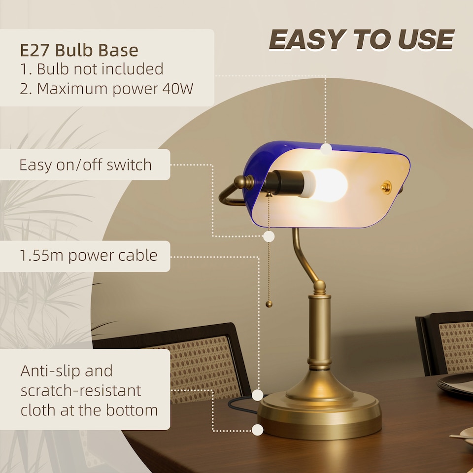 image 1 of HOMCOM Banker's Table Lamp w/ Antique Bronze Tone Base, Blue