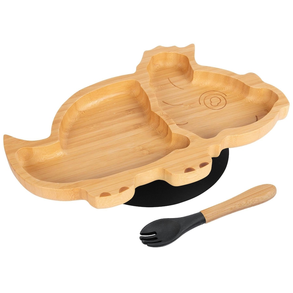 image 1 of Tiny Dining Bamboo Dinosaur Baby Weaning Plate & Fork Set - Black