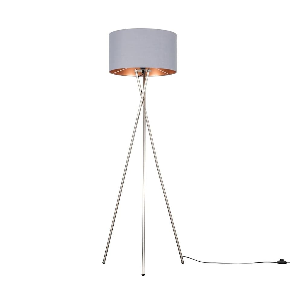 image 1 of ValueLights Camden Brushed Chrome Tripod Floor Lamp Grey Copper Shade and Bulb