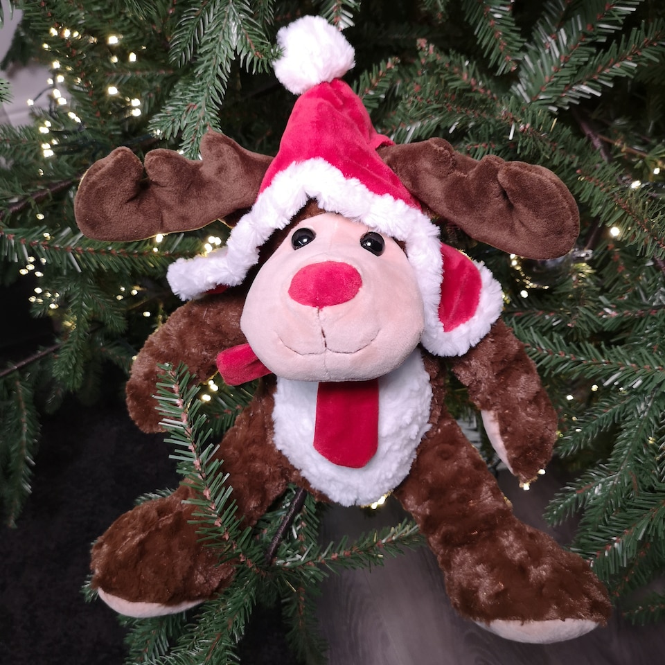 image 1 of 30cm Sitting Plush Christmas Reindeer with Red Hat & Scarf