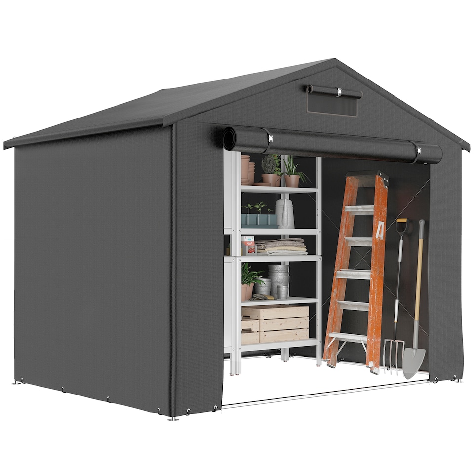 image 1 of Outsunny 8 x 6 ft Outdoor Garden Storage Shed, Waterproof Bike Tent with Vent and Roll-Up Zipper Door,Outdoor Portable Shed Storage Shelter  for Bikes, Dark Grey