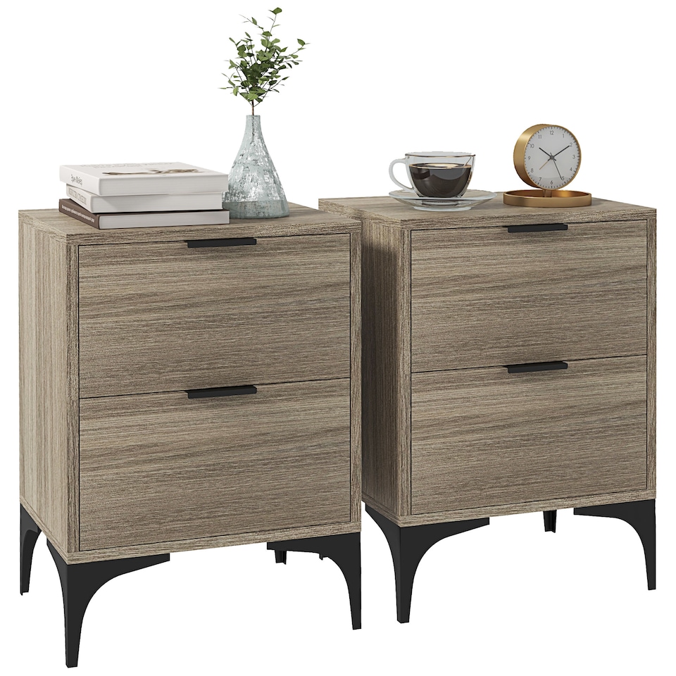 image 1 of HOMCOM Bedside Tables Set of 2, Modern Nightstand with 2 Drawers, Small Sofa End Tables with Storage and Steel Legs for Bedroom, Living Room, Grey