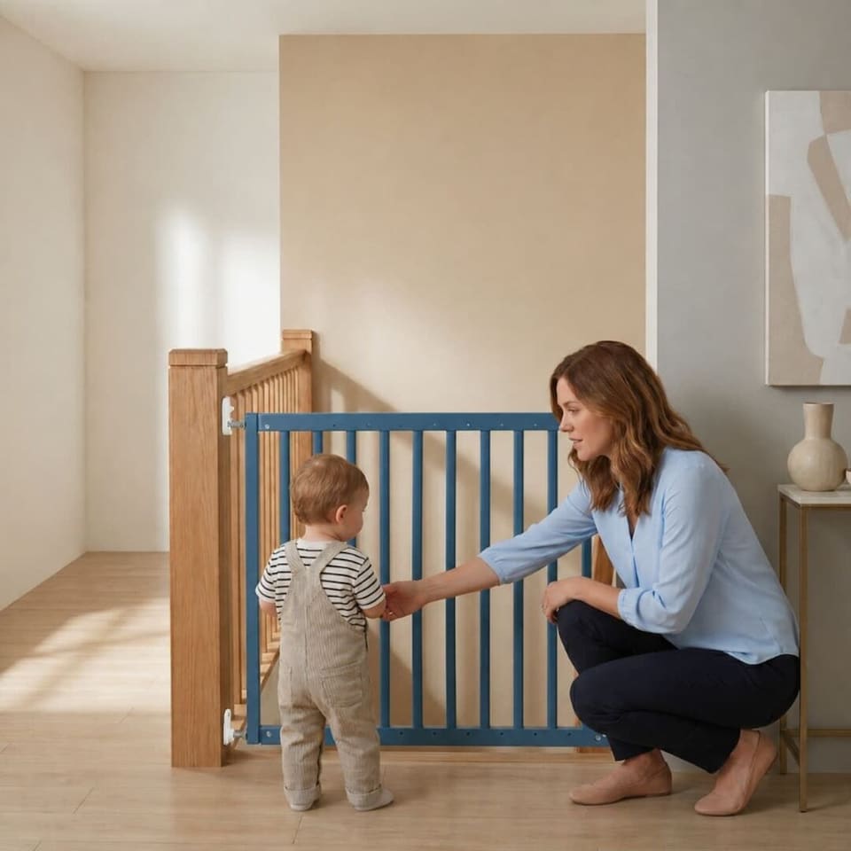 image 1 of Safetots Top of The Stairs Screw Fitted Stair Gate, Azure Blue Wooden, 63.5cm - 105.5cm, Wood Baby Gate, Safety Gate | Blue | 1