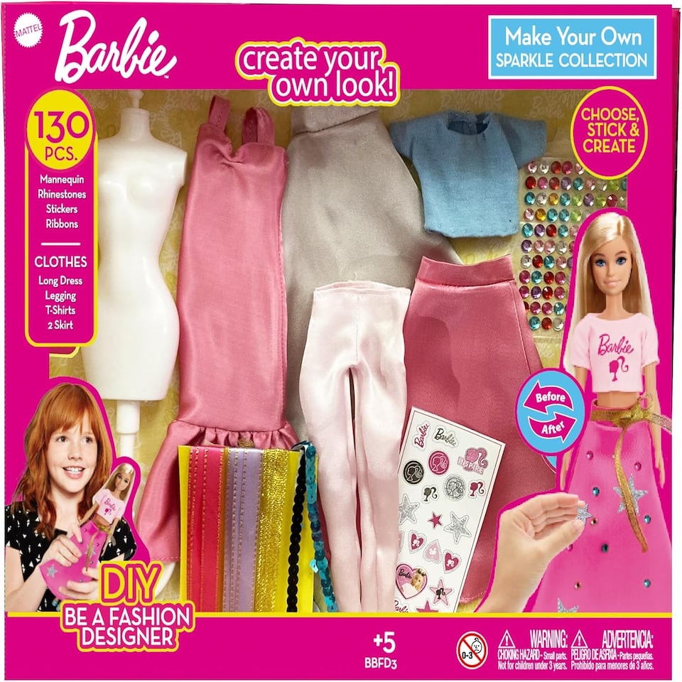 image 1 of Barbie DIY Sparkle Fashion Designer Set – 130-Piece Dress-Up Kit | Design Clothes for Dolls with Rhinestones, Ribbons, Stickers & Mannequin | Sparkle Barbie Clothing Gift for Girls Ages 5+ | Pink