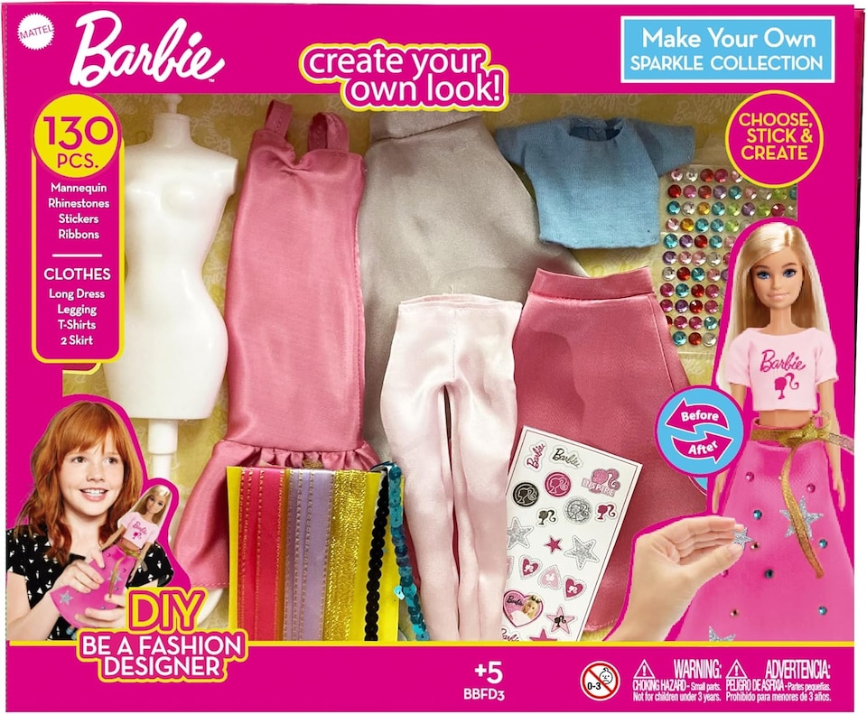 image 1 of Barbie DIY Sparkle Fashion Designer Set – 130-Piece Dress-Up Kit | Design Clothes for Dolls with Rhinestones, Ribbons, Stickers & Mannequin | Sparkle Barbie Clothing Gift for Girls Ages 5+ | Pink