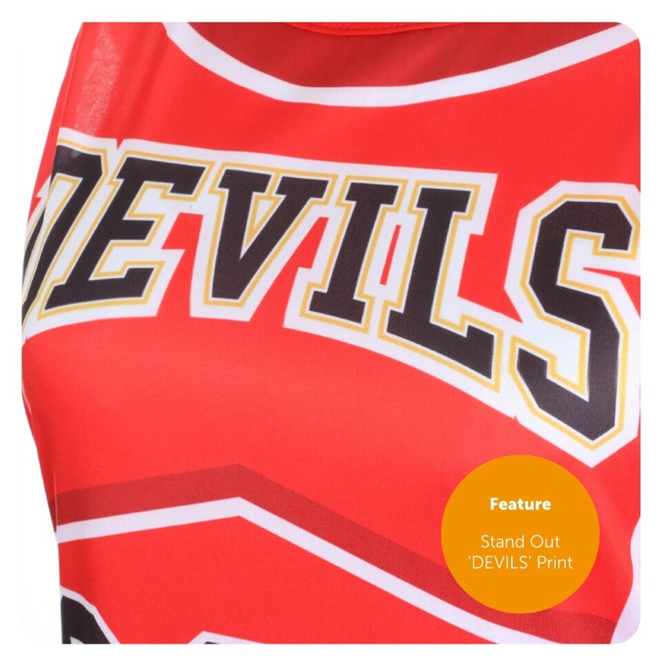 image 1 of Devil Cheerleader Costume - Facepaint, Bloody Tights, and Pom Poms | Red | L