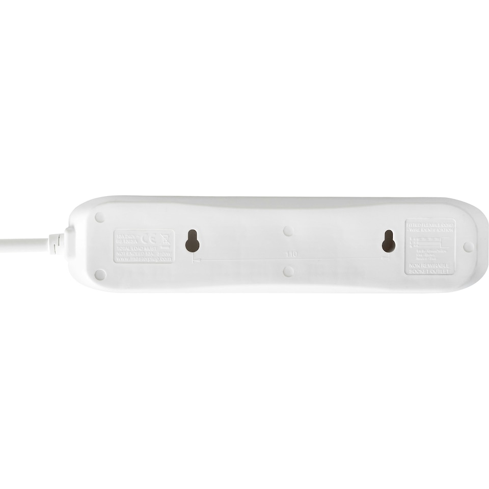 image 1 of Masterplug 4 Socket Extension Lead with 2m Cable, Wall-Fixing, White