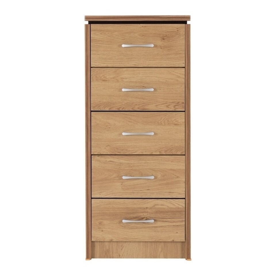 image 1 of Charles 5 Drawer Narrow Chest - L40 x W50 x H116.5 cm - Oak Effect Veneer with Walnut Trim