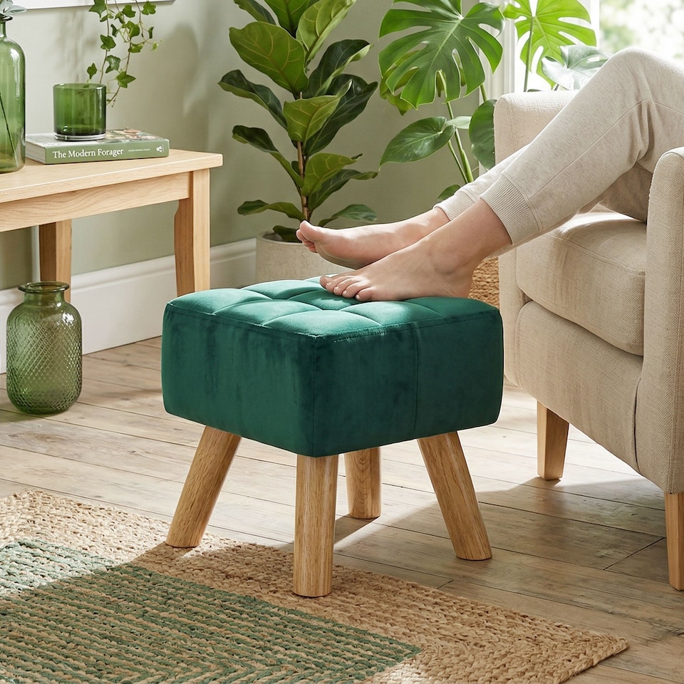 image 1 of HOMCOM Modern Footstool, Fabric Foot Rest with Rubber Wood Legs, Dark Green