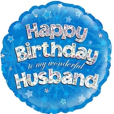 Happy Birthday Husband Blue Holographic Round Foil Helium Balloon 46cm / 18 in