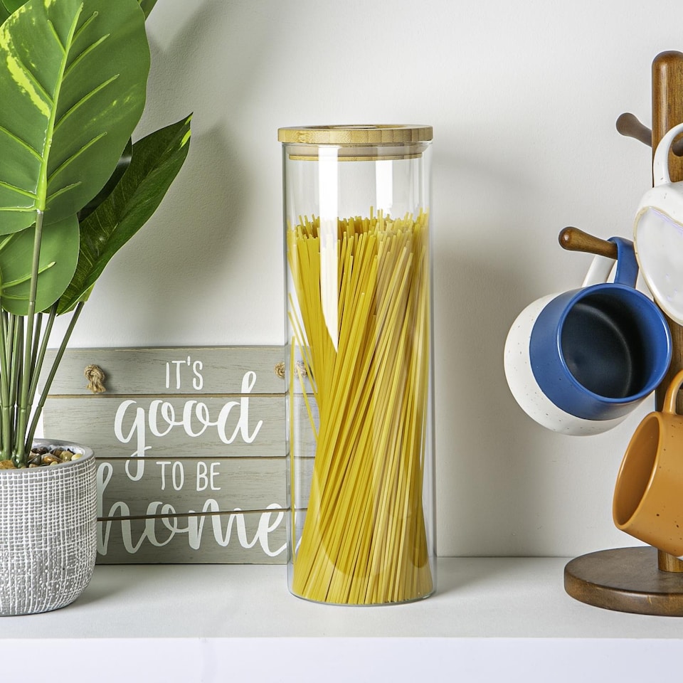 image 1 of Argon Tableware Glass Storage Jar - Carved Wood Lid - 2 Litre - Modern Round Scandi Organisation Container Glass Jar