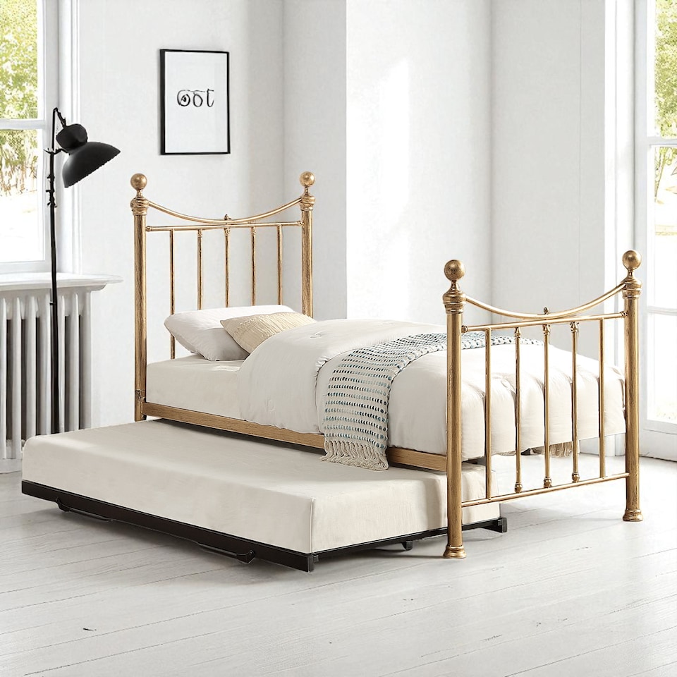 image 1 of Hampstead Traditional Antique Brass Distressed Effect Single Metal Bed Frame & Guest Trundle