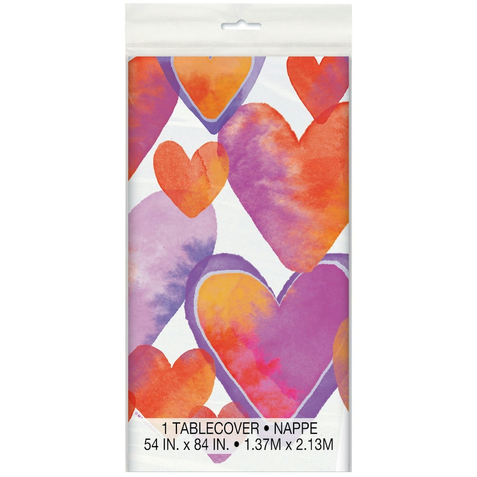 Unique Party Plastic Watercolour Hearts Valentine`s Day Party Table Cover - White/Purple/Orange - One Size
