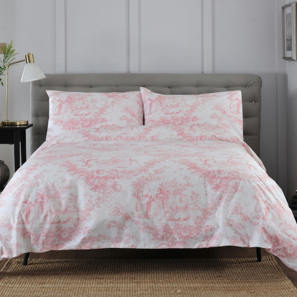 image 1 of Toile De Jouy 200 Thread Count 100% Cotton Luxury Duvet Cover Pink | Pink | Super King