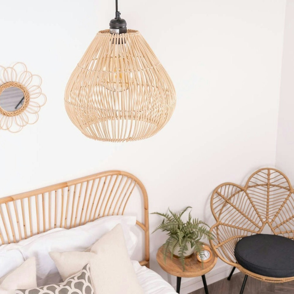 image 1 of ValueLights Vine Natural Rattan Teardrop Ceiling Pendant Shade Cream