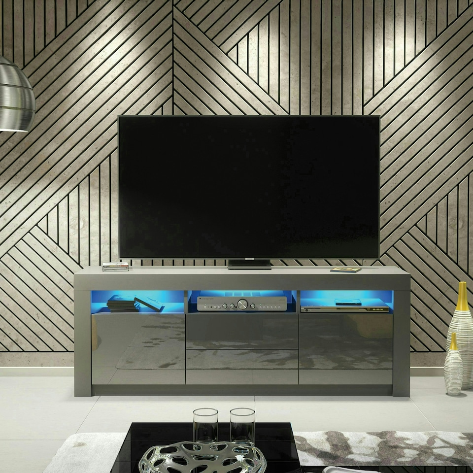 image 1 of TV Unit 160cm Grey Gloss Doors & Drawers Grey Matt Body Free LED Grey