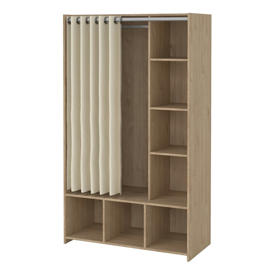 image 1 of Uppsala Open Wardrobe Unit in Jackson Hickory Oak with a Beige Textile Curtain
