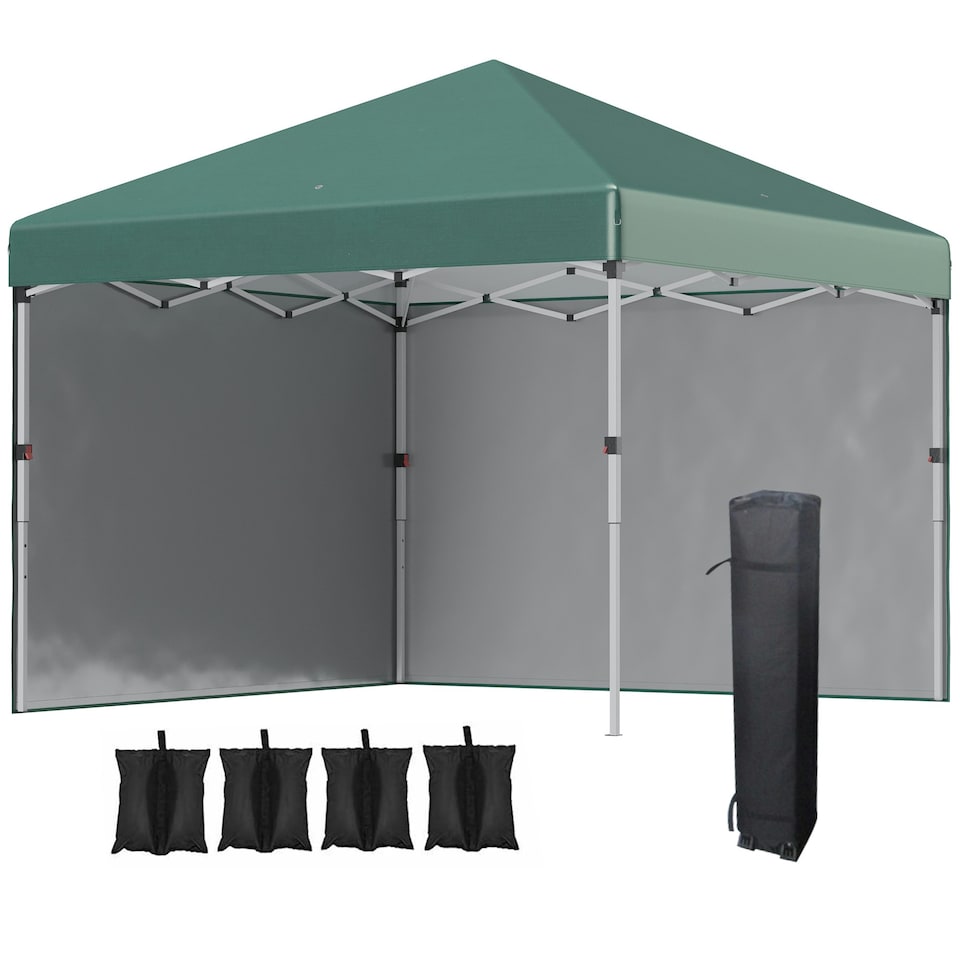 image 1 of Outsunny 3x3 (M) Pop Up Gazebo Party Tent w/ 2 Sidewalls, Weight Bags, Green