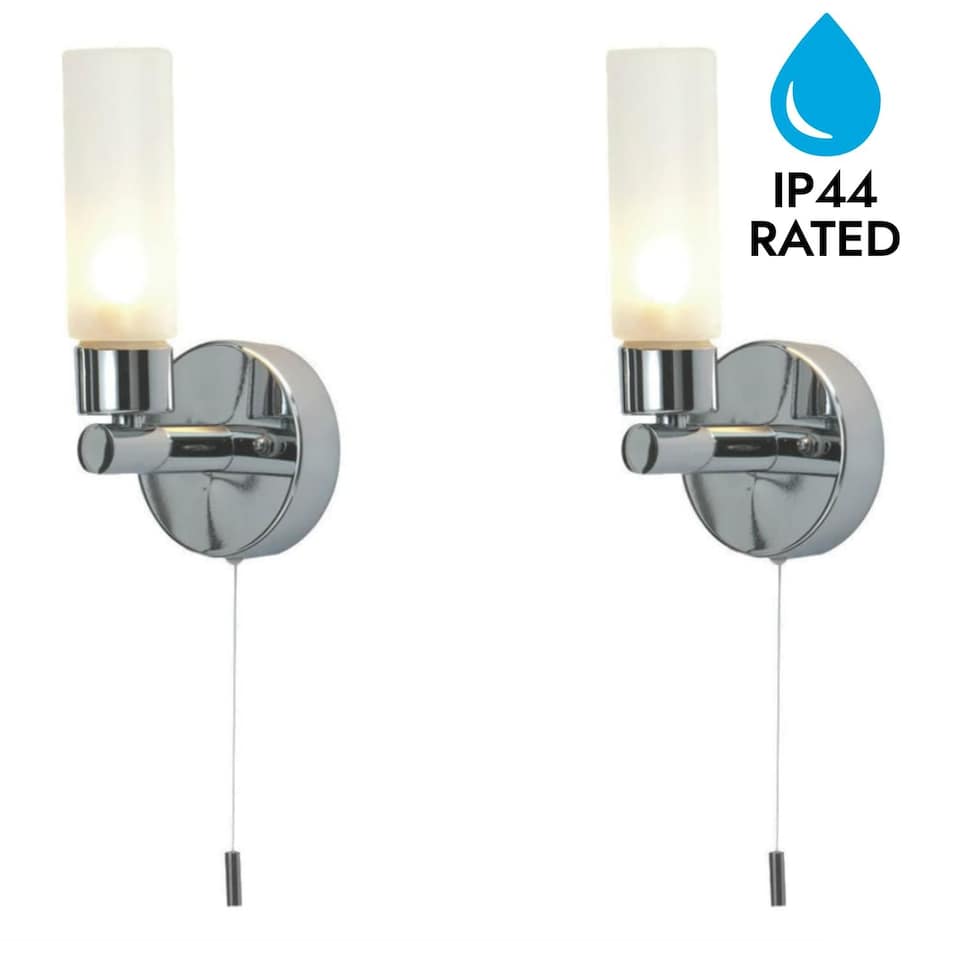 image 1 of Set of 2 Polished Chrome IP44 Bathroom Wall Light With Pull Cord Switch | Chrome | White | 2