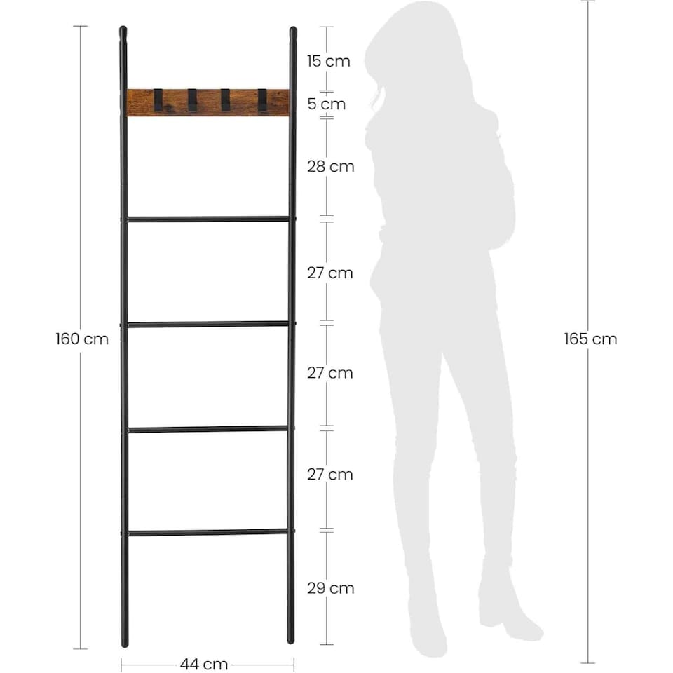 image 1 of Leaning Ladder Shelf with Towel Rack, 5-Tier Display Stand and Hooks, Space-Saving Storage, Rustic Brown and Black