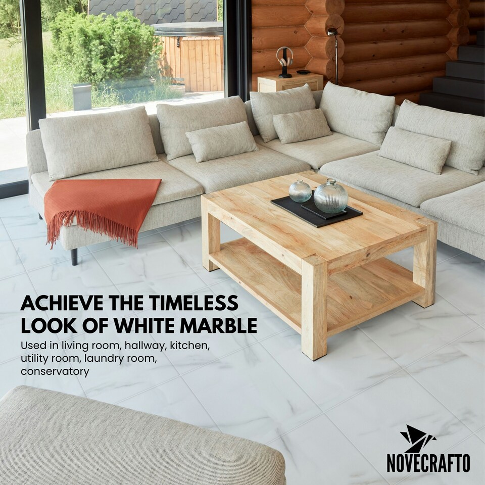 image 1 of NOVECRAFTO Vinyl Floor Tiles Self Adhesive – 18x18in Peel and Stick Waterproof Square Flooring for Kitchen, Bathroom & More – White Marble Design | White | 7.1 sqm