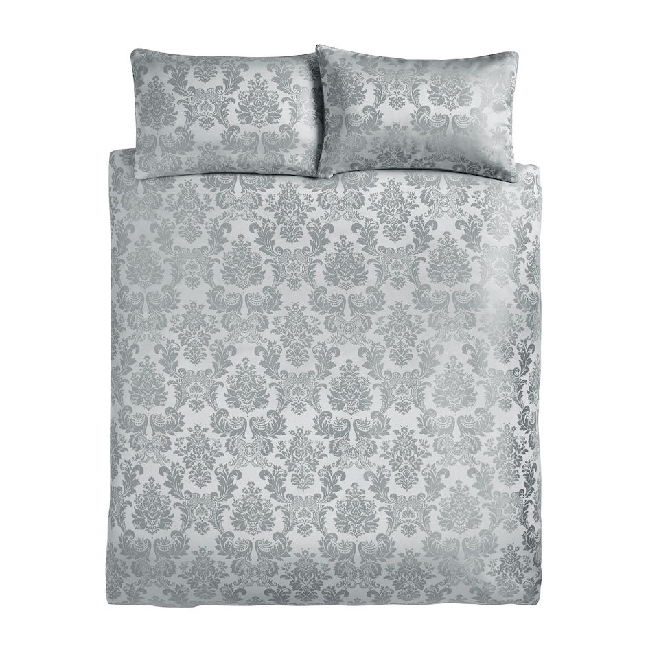 image 1 of Damask Jacquard Duvet Cover Set | Silver | Silver Grey