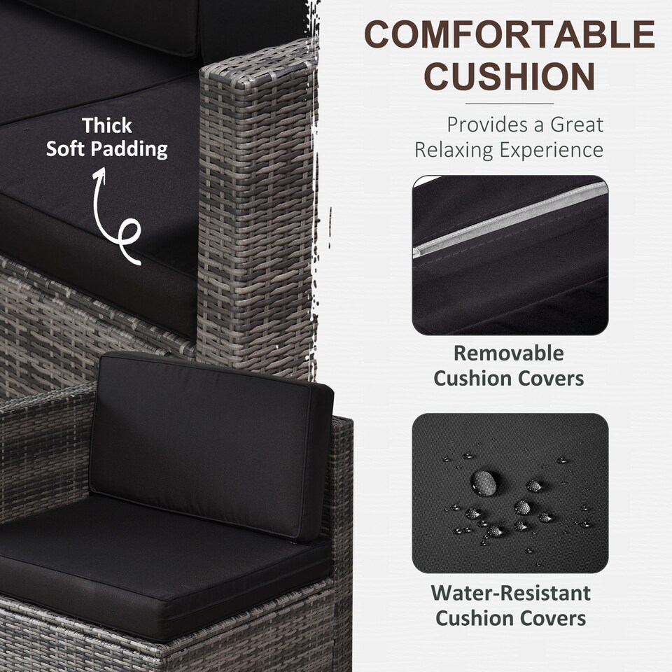 image 1 of Outsunny 8 Pieces Outdoor PE Rattan Sofa Set with Cushions, Patio Garden Furniture Sets with Glass Top Coffee Table, Storage Corner Table, Grey