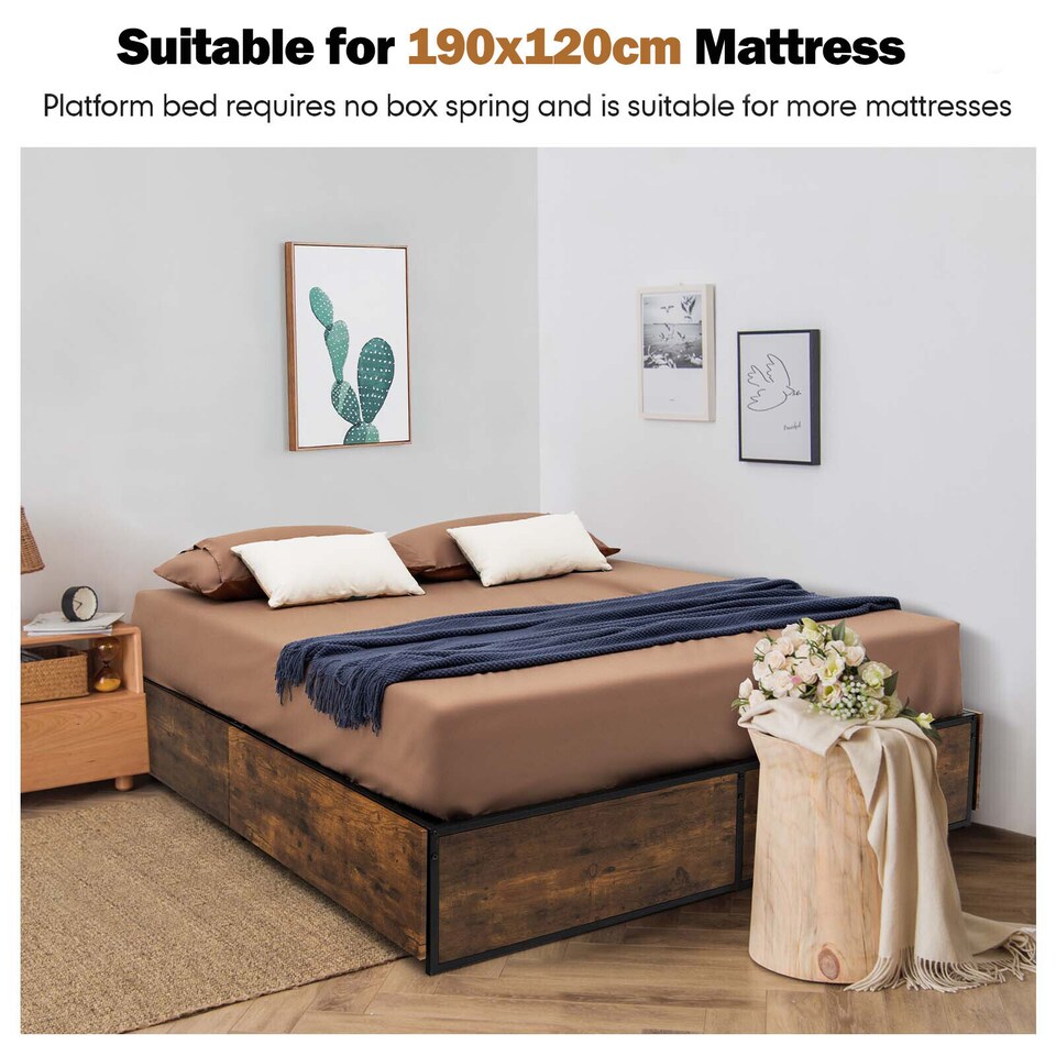 image 1 of COSTWAY Double Metal Bed Frame with 4 Underbed Drawers Brown