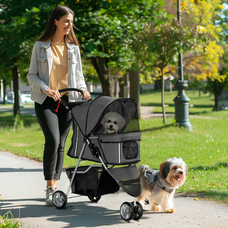 image 1 of PawHut Pet Stroller Pushchair Carrier for Cat Puppy with 3 Wheels Dark Grey