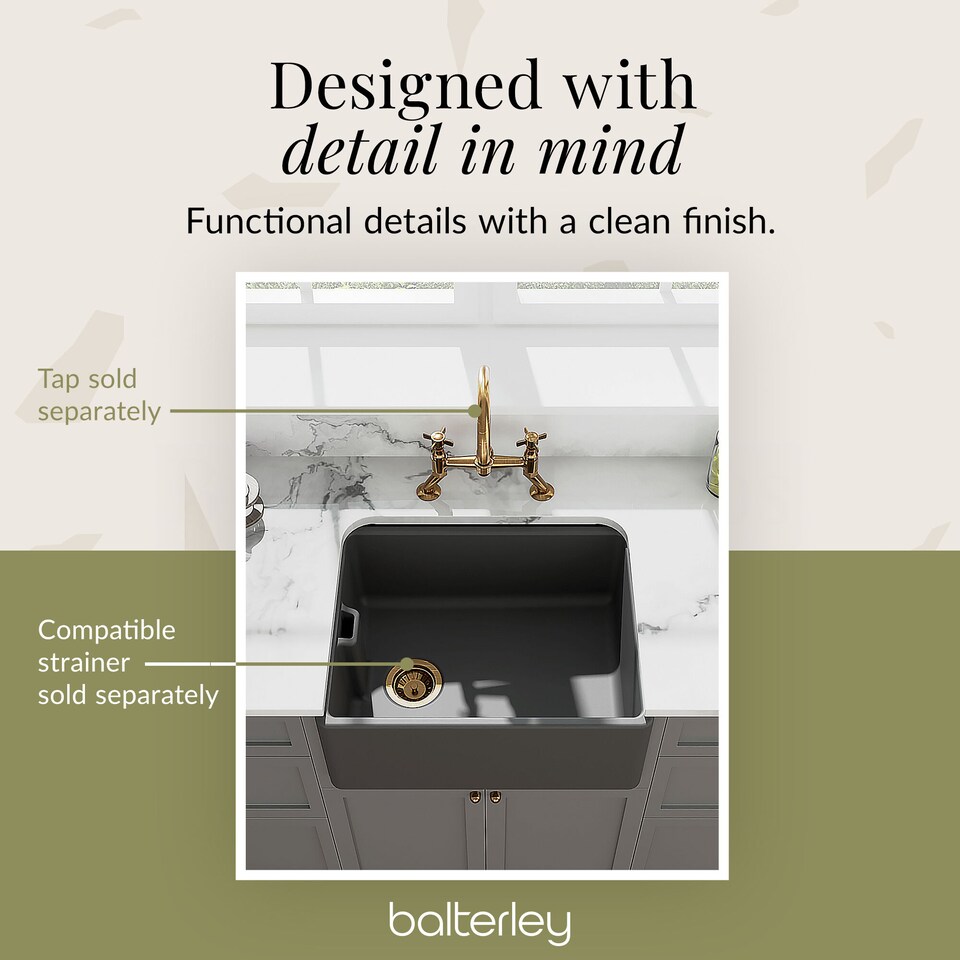 image 1 of Balterley Fireclay Kitchen Single Bowl Belfast Sink with Built In Overflow | Grey | Soft Black | 1