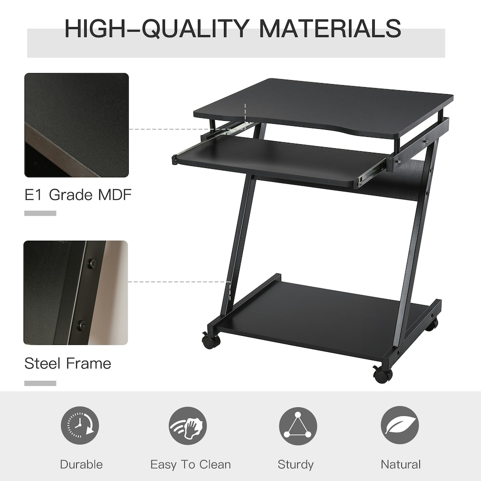 image 1 of HOMCOM Movable Computer Desk with 4 Moving Wheels Sliding Keyboard Tray Black
