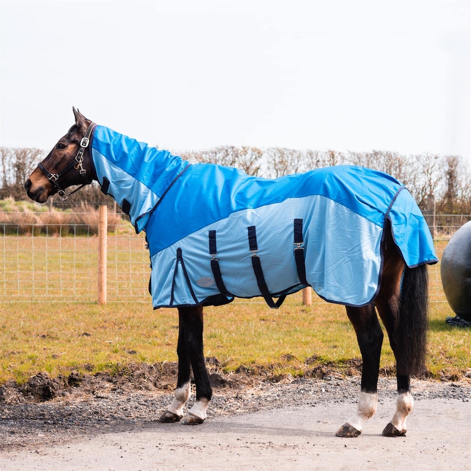 image 1 of eQuitack 600D 2 in 1 Waterproof Fly Turnout Mesh Horse Rug Fixed Neck Blue/Light Blue 6'6''