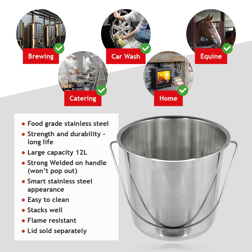 image 1 of SPARES2GO 12 Litre Stainless Steel Handled Pail Bucket (Silver)