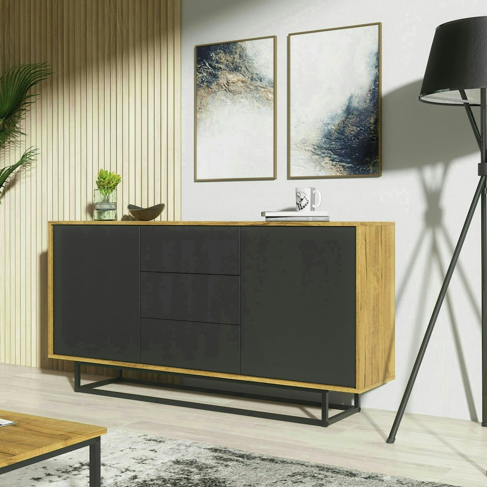 image 1 of Sideboard 140cm Oak Body with Black Drawer and Door Fronts Multi