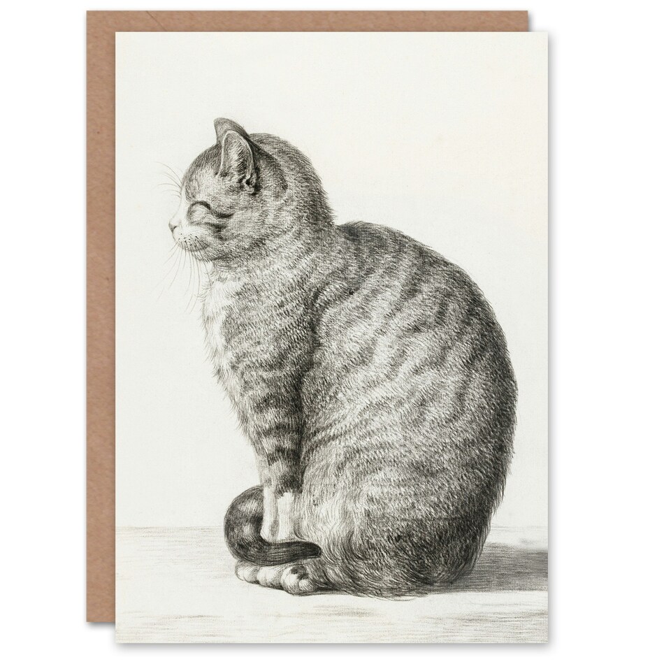 image 1 of Jean Bernard Art Card Sitting Smiling Cat Pencil Drawing