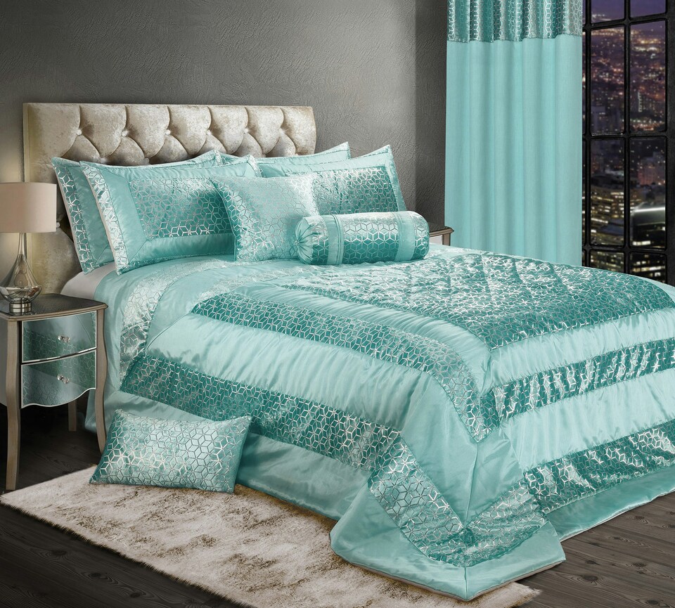 image 1 of Intimates Vera Foil Printed Quilted Bedspread | Blue | Duck Egg | Double