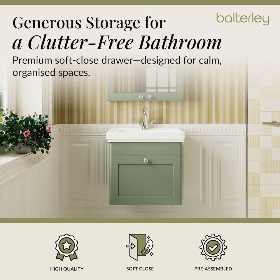 image 1 of Bathroom Wall Hung 1-Drawer Vanity Unit & Fireclay Basin, Green, 500mm | Green | Satin Green | 406 x 531 x 496mm