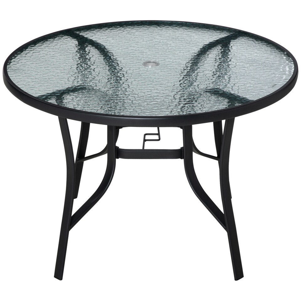 image 1 of Outsunny 106cm Round Garden Dining Table with Parasol Hole Glass Top