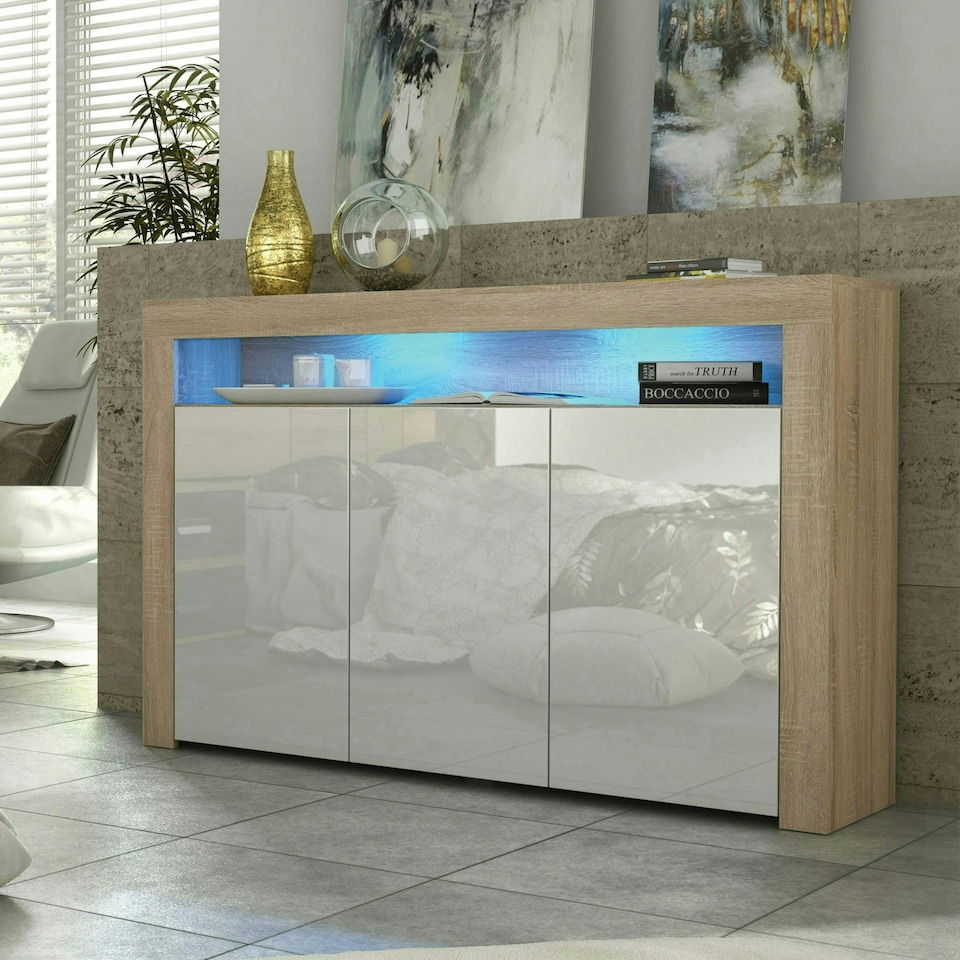 image 1 of Sideboard 155cm White Gloss Doors Oak Matt Body Free LED Shelf Multi | Oak & White