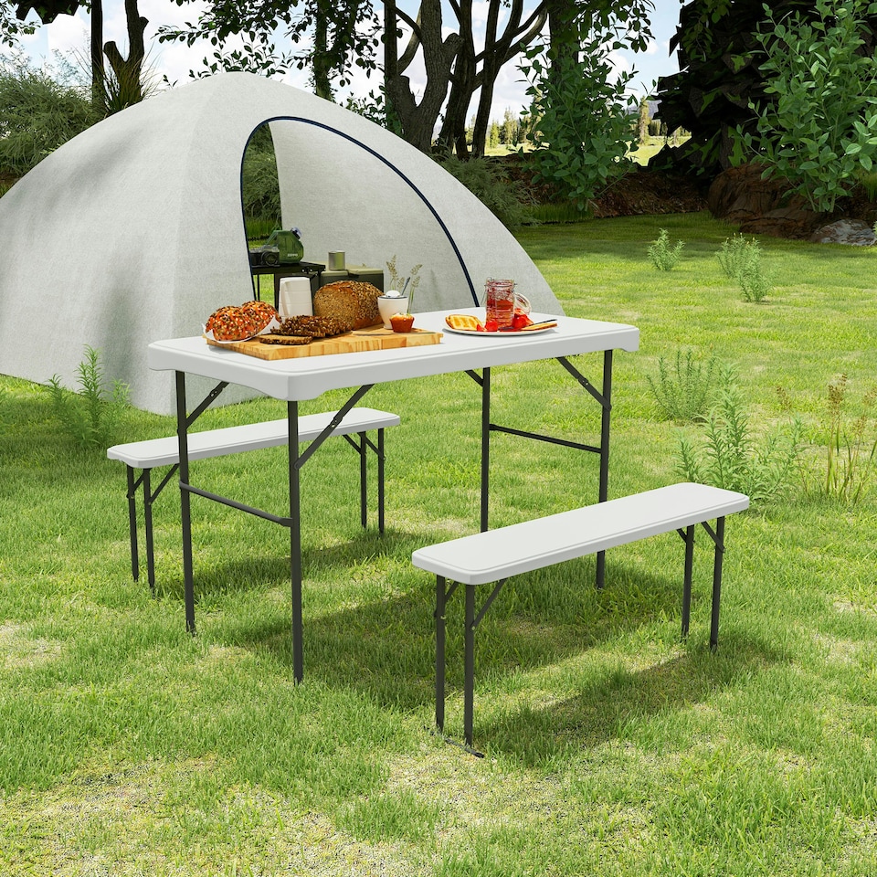image 1 of Outsunny 3 Piece Folding Picnic Table and Bench Set w/ Handle, White