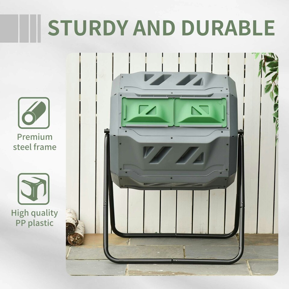 image 1 of Outsunny 160L Outdoor Tumbling Compost Bin with Dual Chamber, Grey