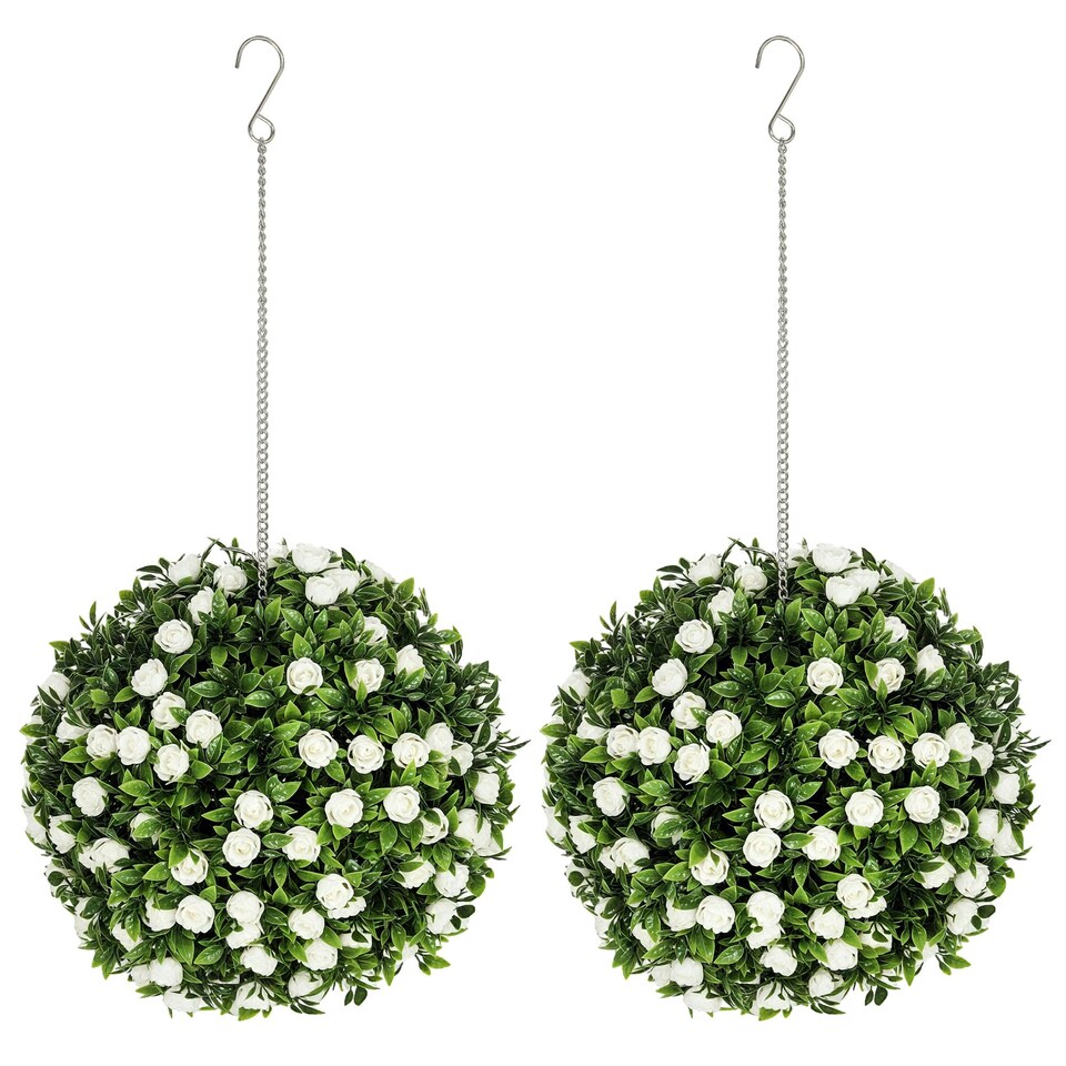 image 1 of HOMCOM Set of 2 Artificial Plant Topiary Rose Balls, Faux Plants, White