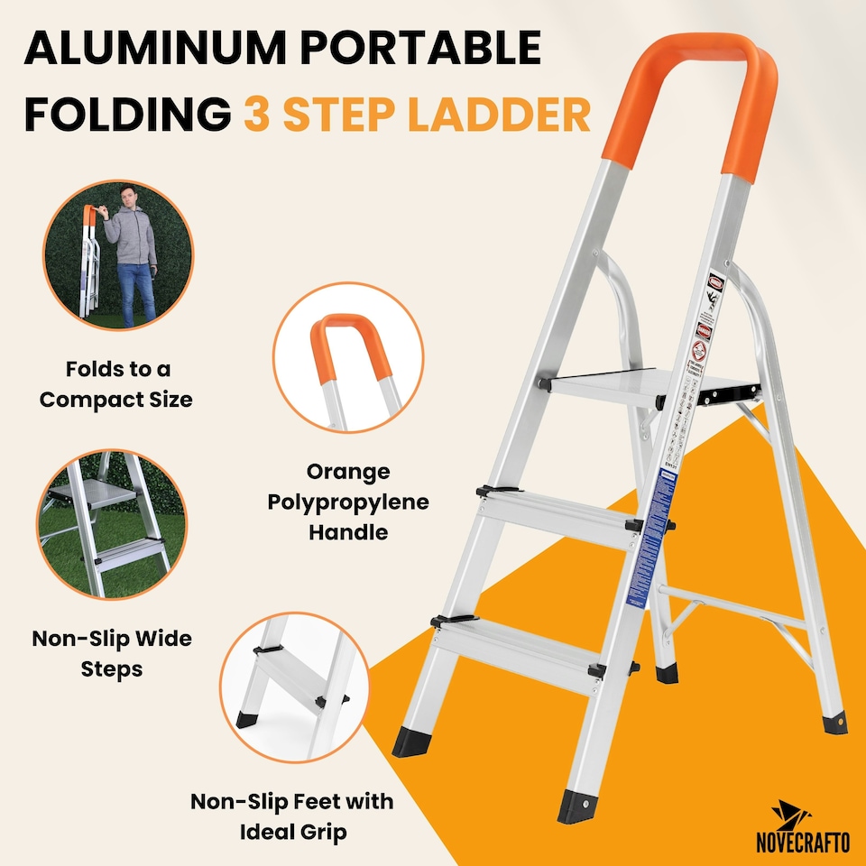 image 1 of Lightweight Step Ladders - Compact Aluminium Stepladder with Non-Slip Wide Step, Portable Silver Color - Tall Folding Ladder with Platform Silver | 3- Step 105 cm