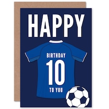 Football Strip Kit Jersey Top On Dark Blue 10 Year old Kids 10th Birthday Card