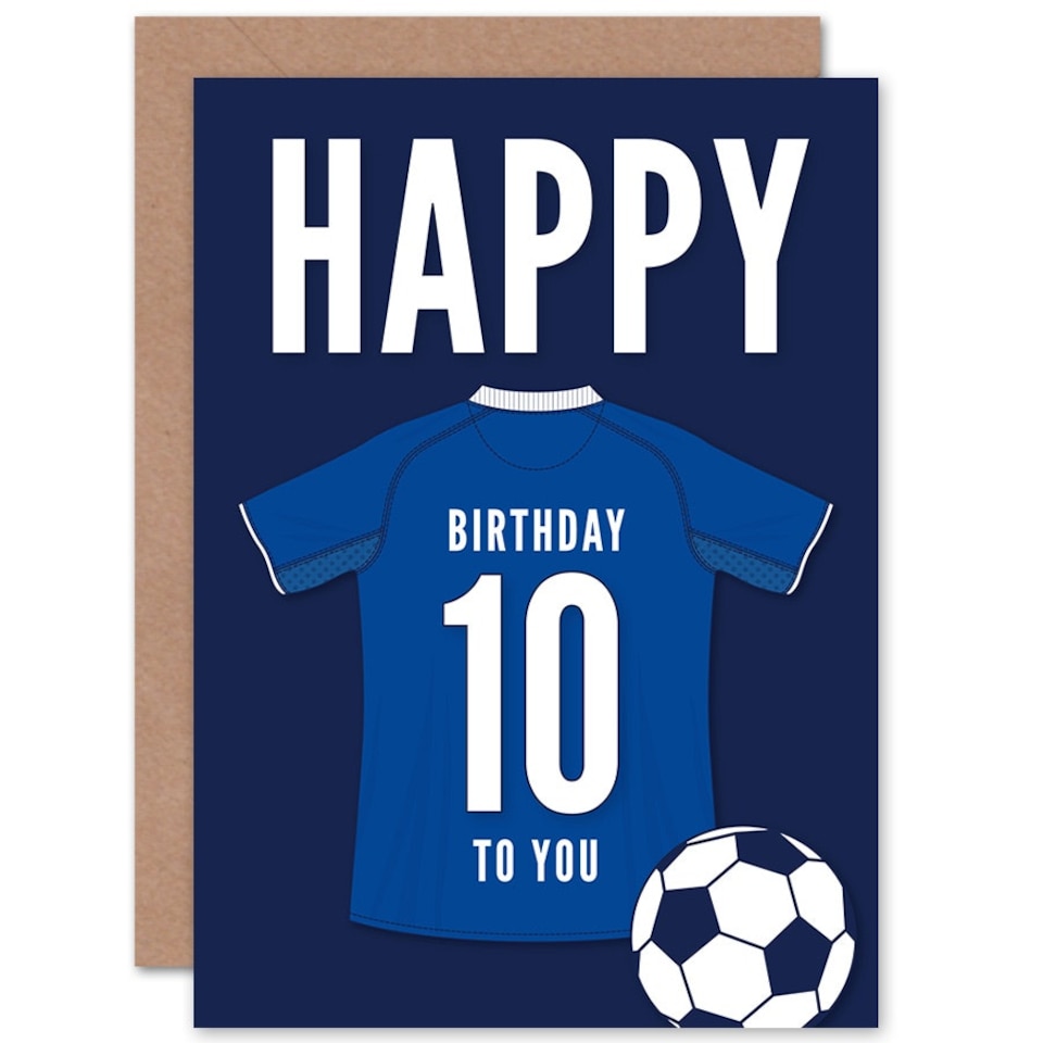 image 1 of Football Strip Kit Jersey Top On Dark Blue 10 Year old Kids 10th Birthday Card