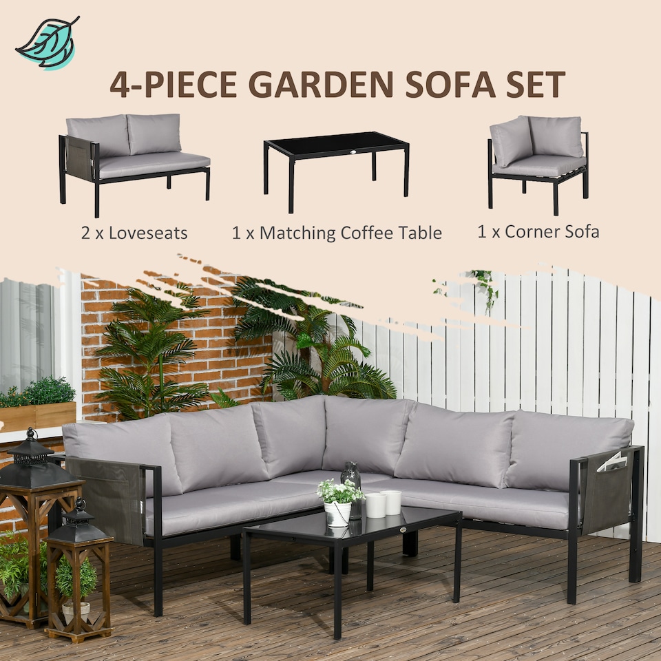 image 1 of Outsunny 5 Seater Garden Corner Sofa Set, 4 Pieces Metal Garden Furniture Set with Loveseats, Glass Top Coffee Table, Breathable Mesh Pocket, Outdoor Conversation Furniture with Cushions, Light Grey