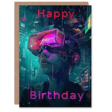 Cyberpunk Woman Gamer VR Neon For Him Birthday Card
