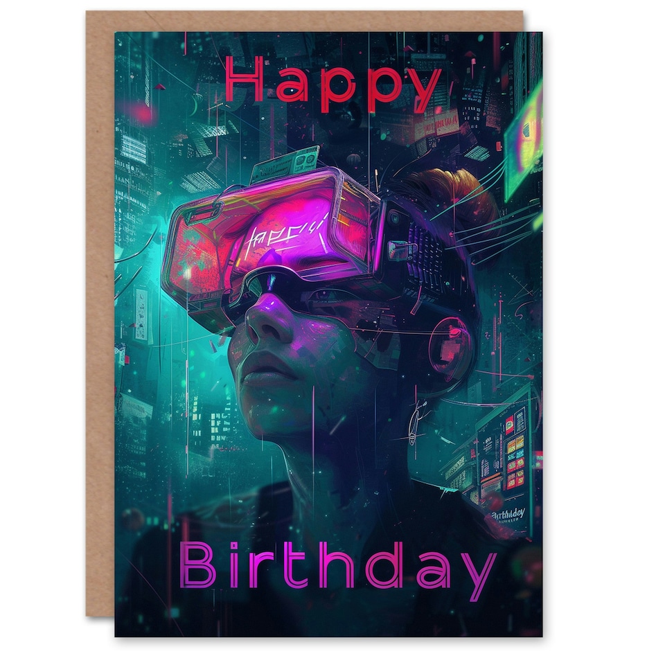 image 1 of Cyberpunk Woman Gamer VR Neon For Him Birthday Card