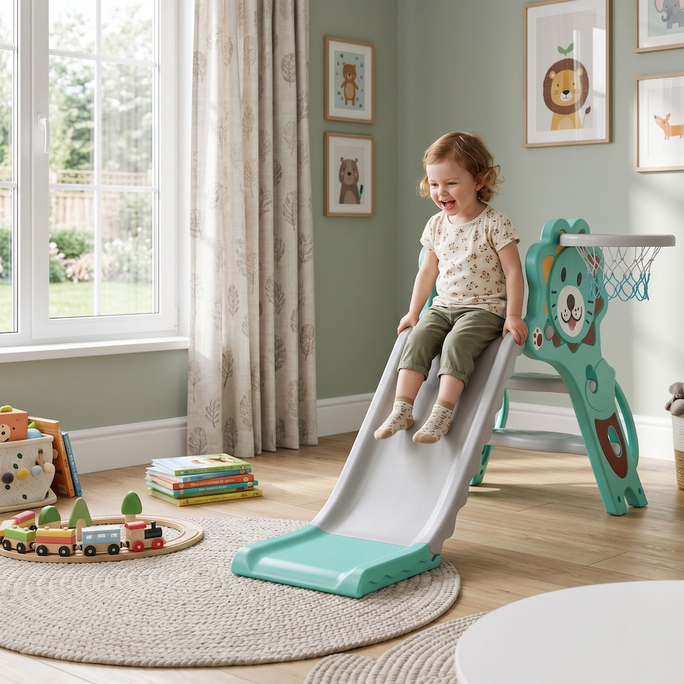 image 1 of AIYAPLAY 3 in 1 Kids Slide for Indoor with Basketball Hoop - Blue