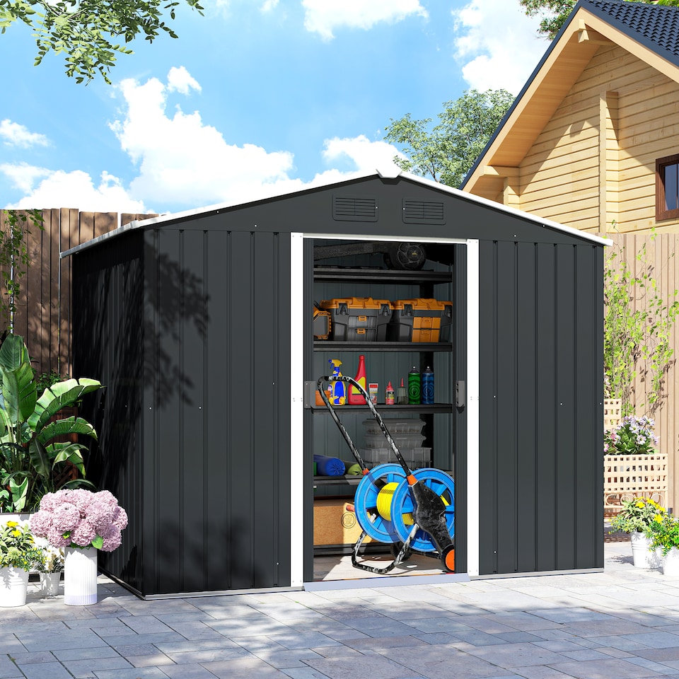 image 1 of Outsunny 7.7 x 5.7ft Metal Garden Shed with Ventilation Slots and Sliding Doors, Galvanised Outdoor Tool Storage House, Grey